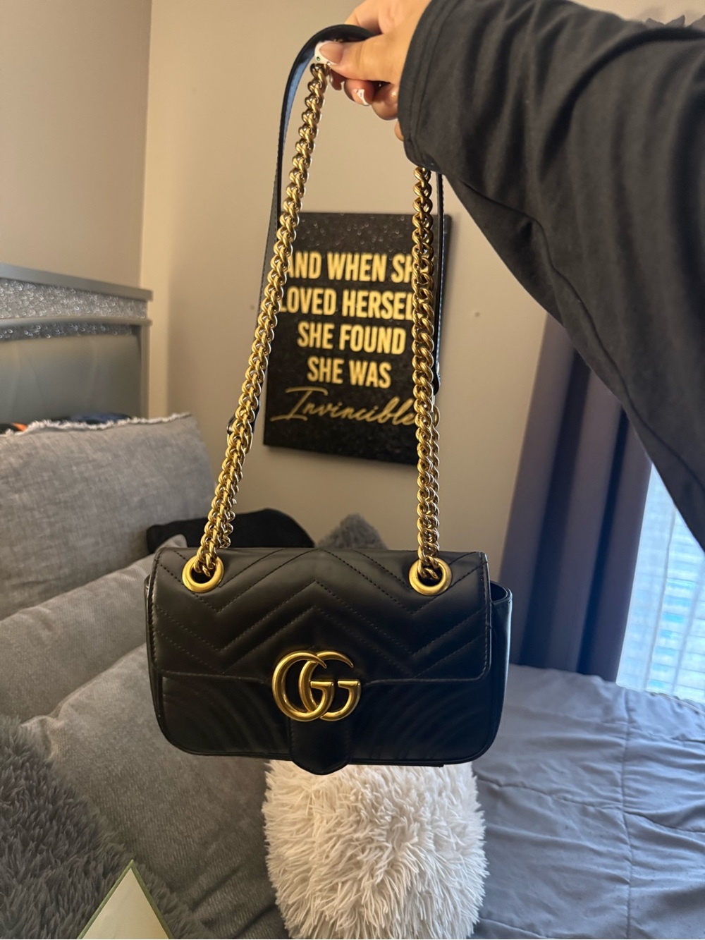 Black Quilted Shoulder Bag with Gold Hardware